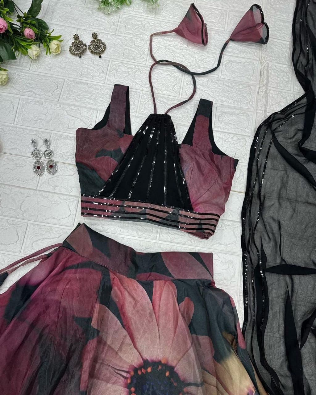 Classy Black Organza Silk Floral Printed Stitched Lehenga Choli Set - INDIAN ELEGANCE