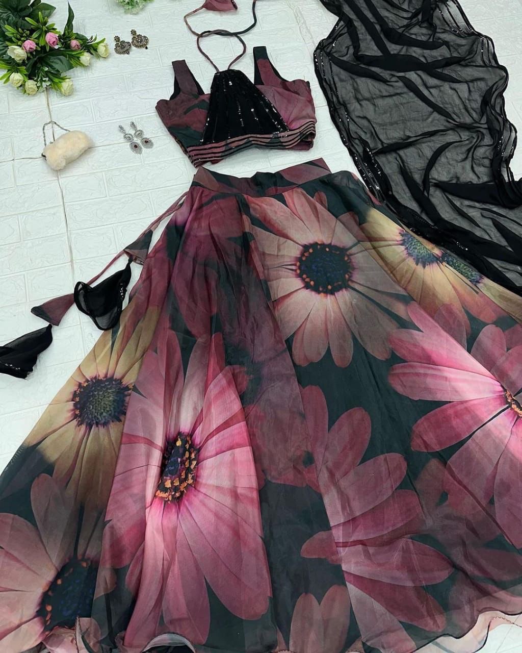Classy Black Organza Silk Floral Printed Stitched Lehenga Choli Set - INDIAN ELEGANCE
