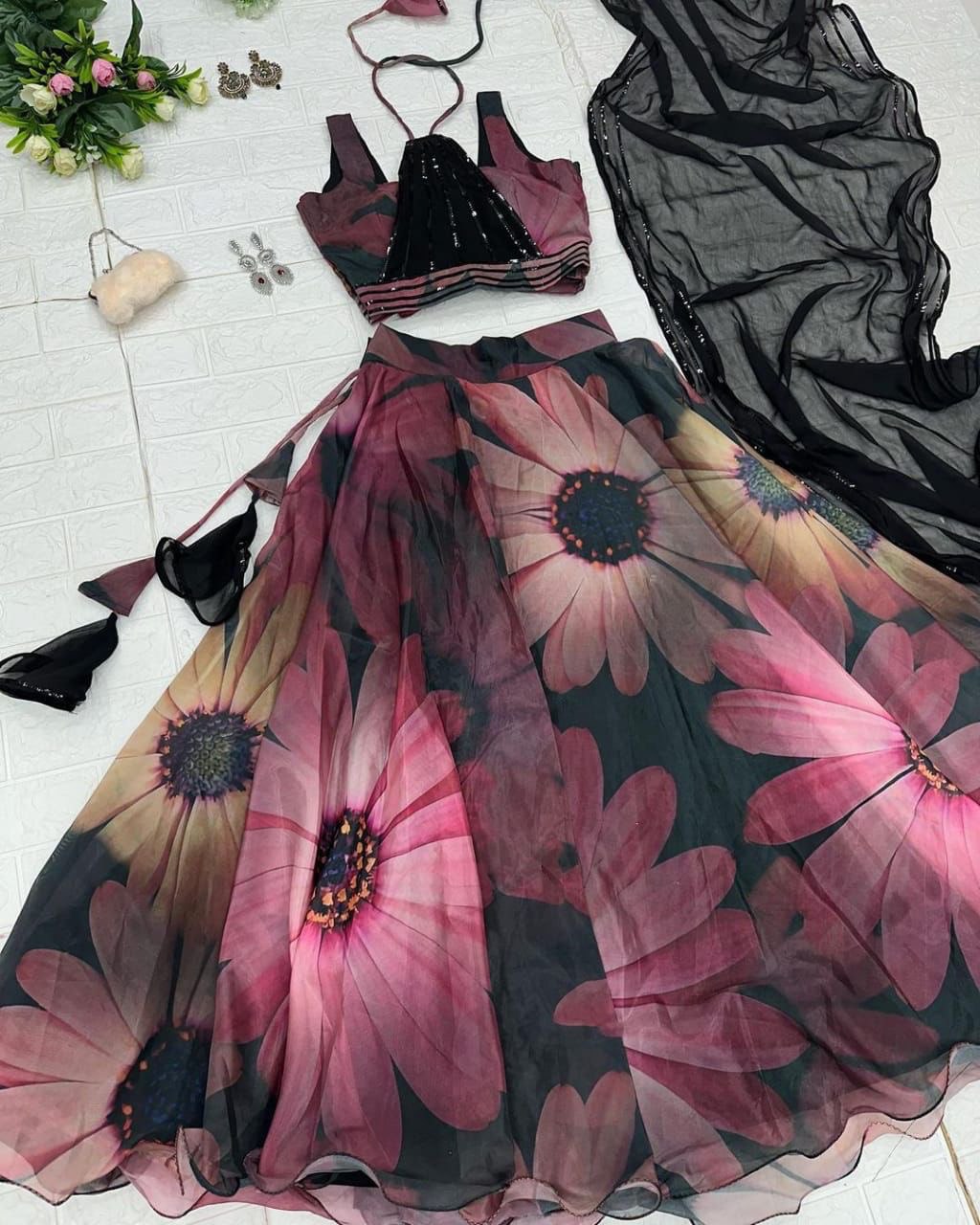 Classy Black Organza Silk Floral Printed Stitched Lehenga Choli Set - INDIAN ELEGANCE