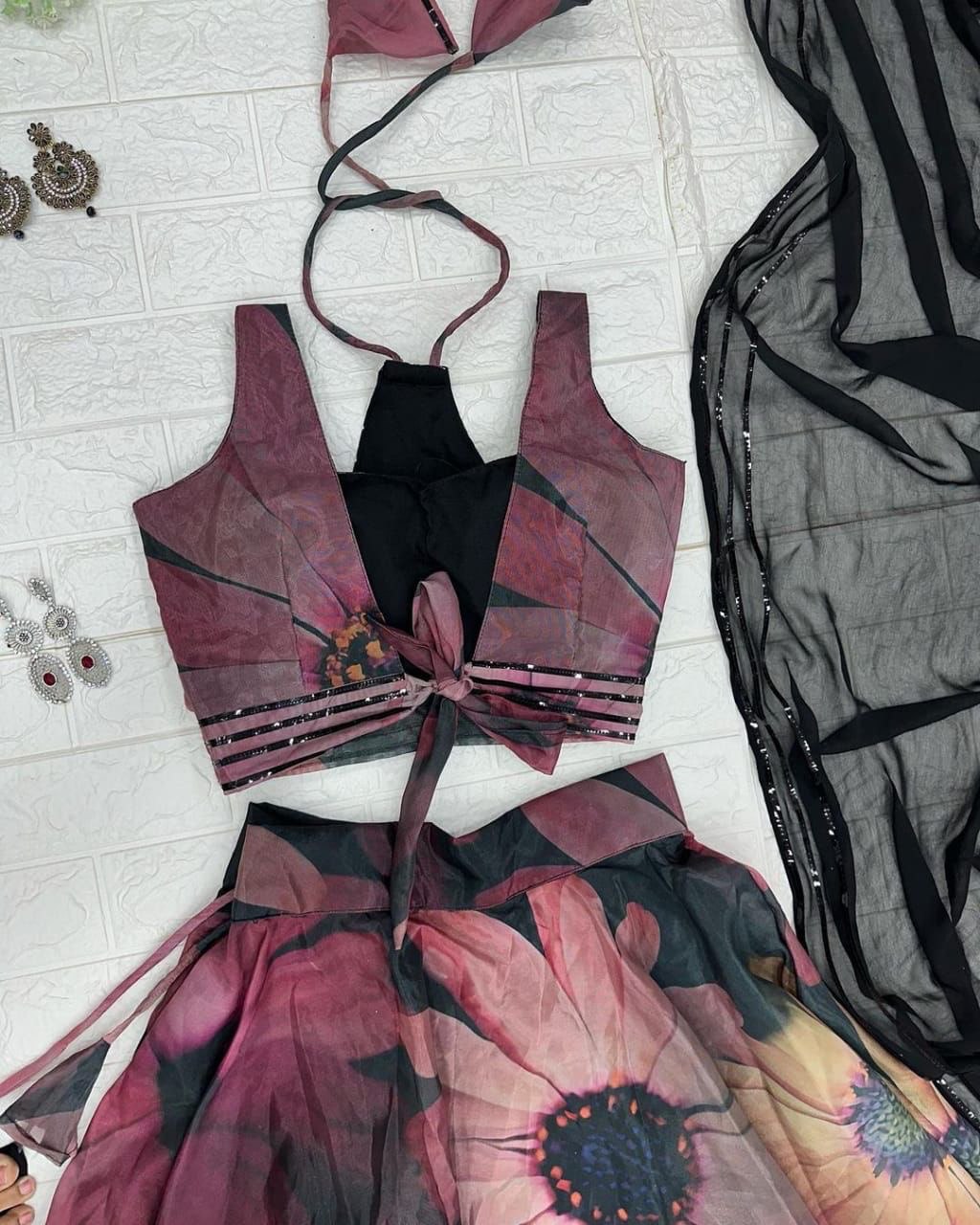 Classy Black Organza Silk Floral Printed Stitched Lehenga Choli Set - INDIAN ELEGANCE