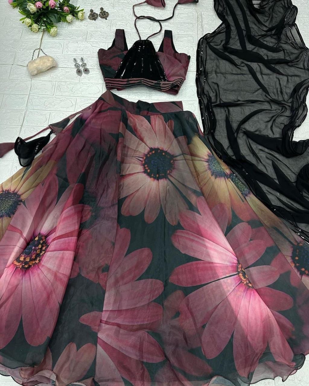 Classy Black Organza Silk Floral Printed Stitched Lehenga Choli Set - INDIAN ELEGANCE