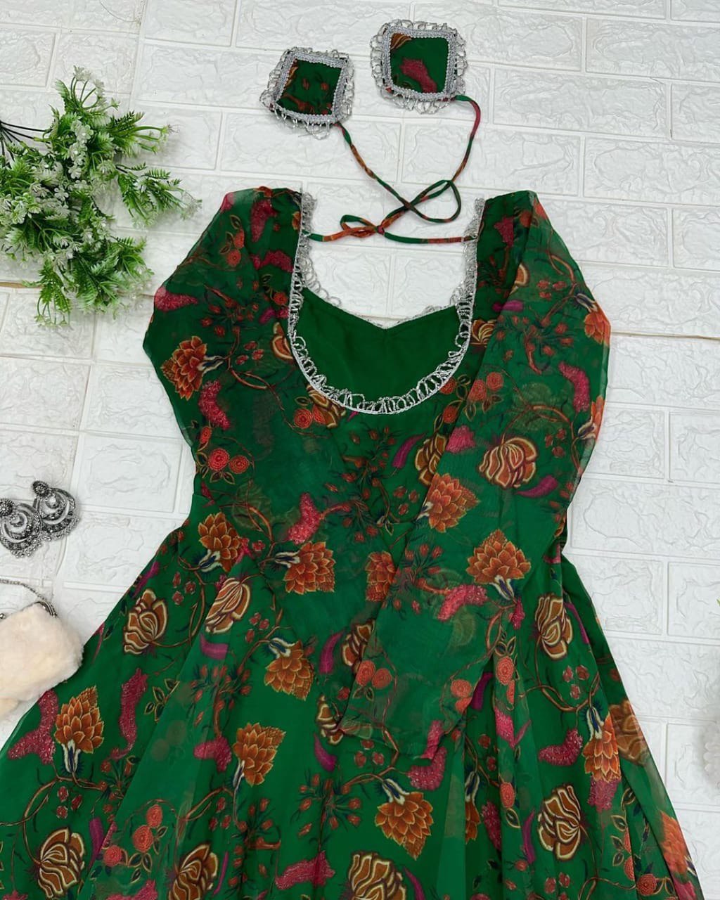 Delightful Green Georgette Floral Digital Printed Gown With Dupatta - INDIAN ELEGANCE
