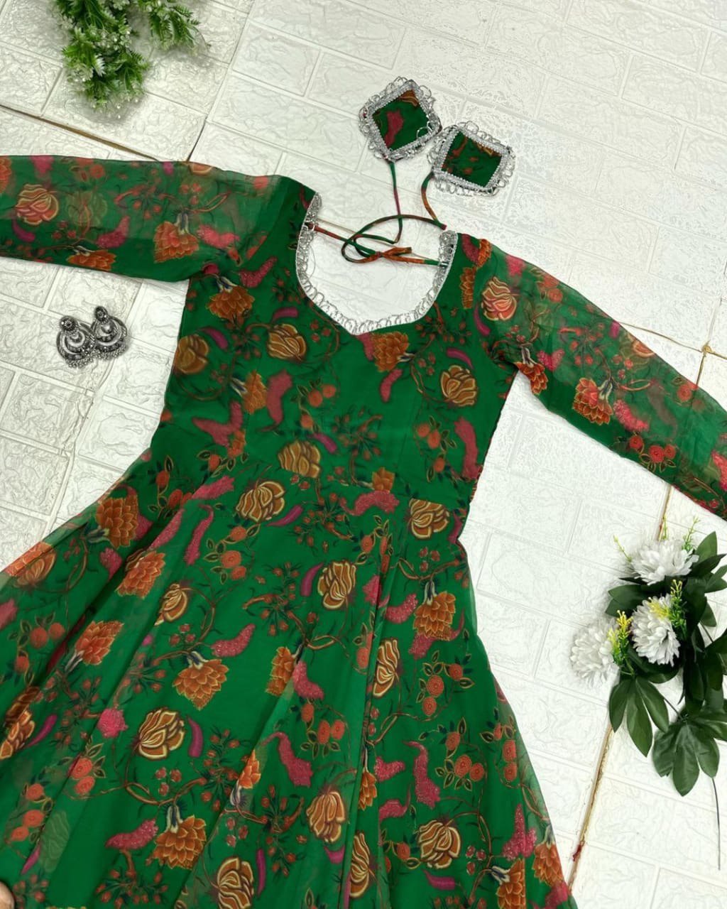 Delightful Green Georgette Floral Digital Printed Gown With Dupatta - INDIAN ELEGANCE