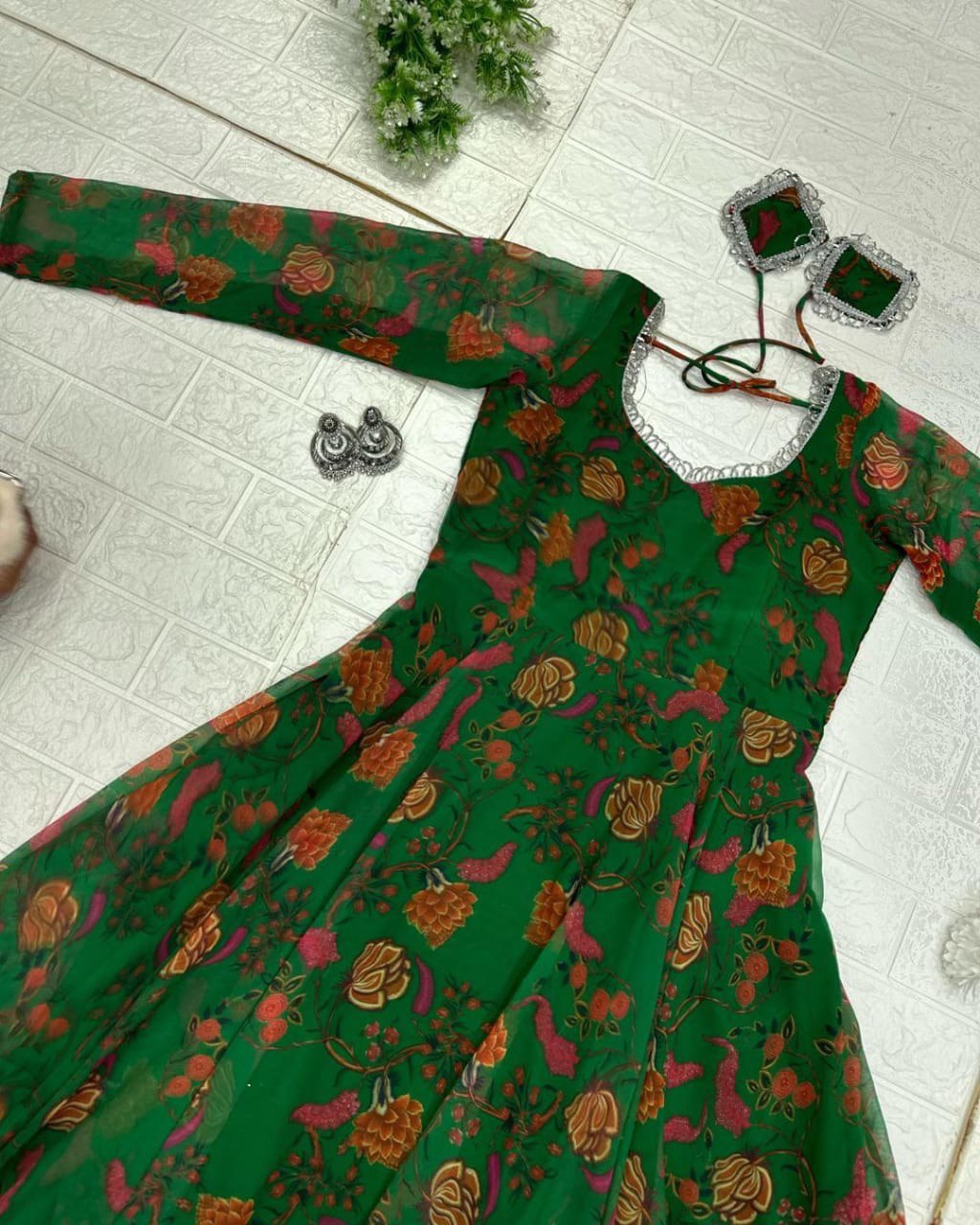 Delightful Green Georgette Floral Digital Printed Gown With Dupatta - INDIAN ELEGANCE