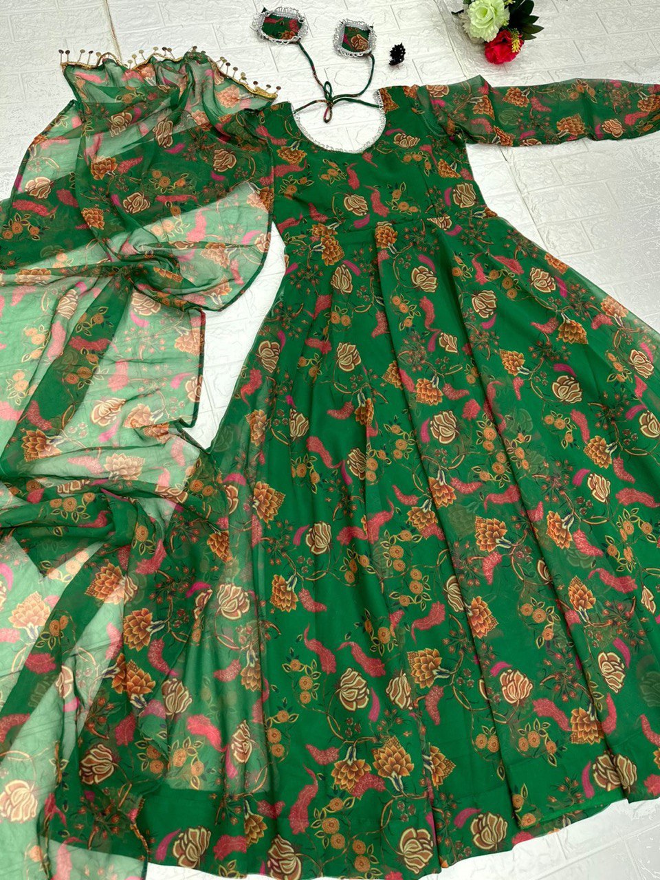 Delightful Green Georgette Floral Digital Printed Gown With Dupatta - INDIAN ELEGANCE