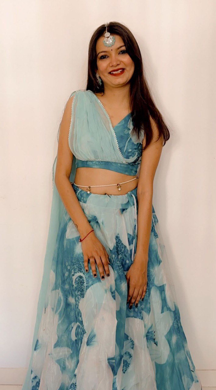 Sky Blue Floral Organza Silk Lehenga Choli Set – Elegant & Festive Wear - INDIAN ELEGANCE