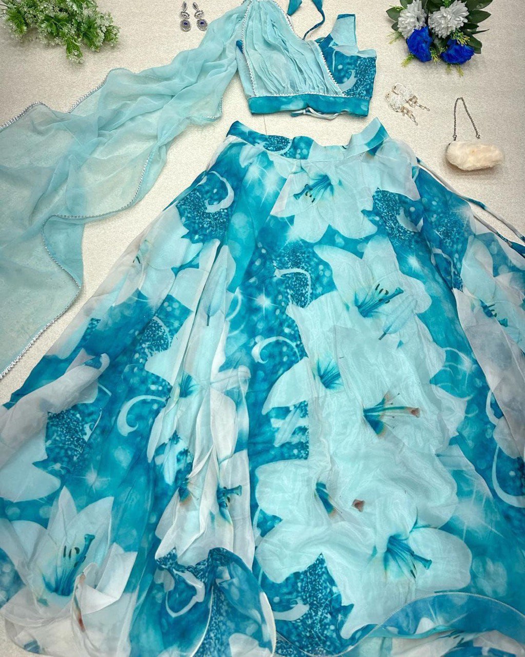 Sky Blue Floral Organza Silk Lehenga Choli Set – Elegant & Festive Wear - INDIAN ELEGANCE