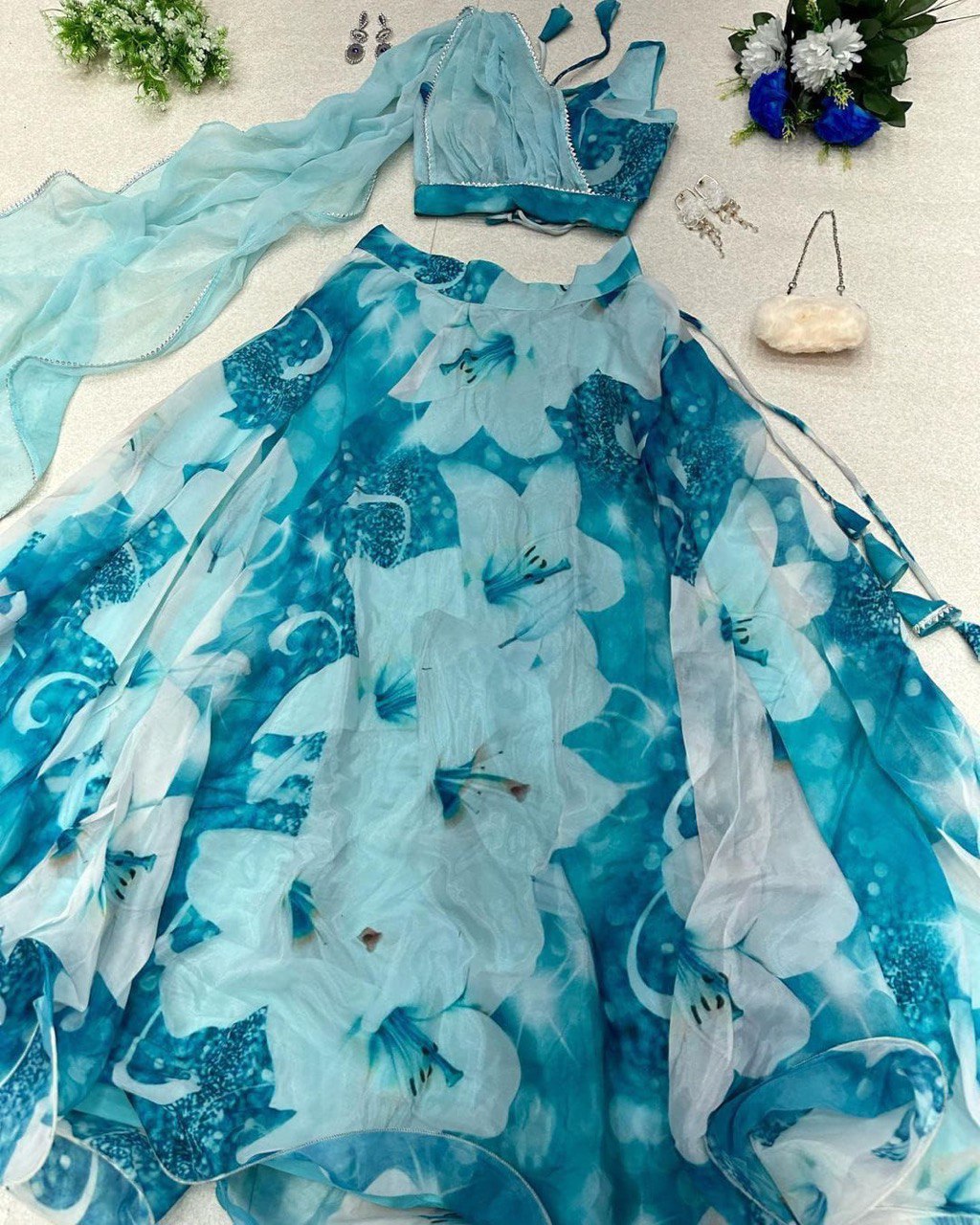 Sky Blue Floral Organza Silk Lehenga Choli Set – Elegant & Festive Wear - INDIAN ELEGANCE