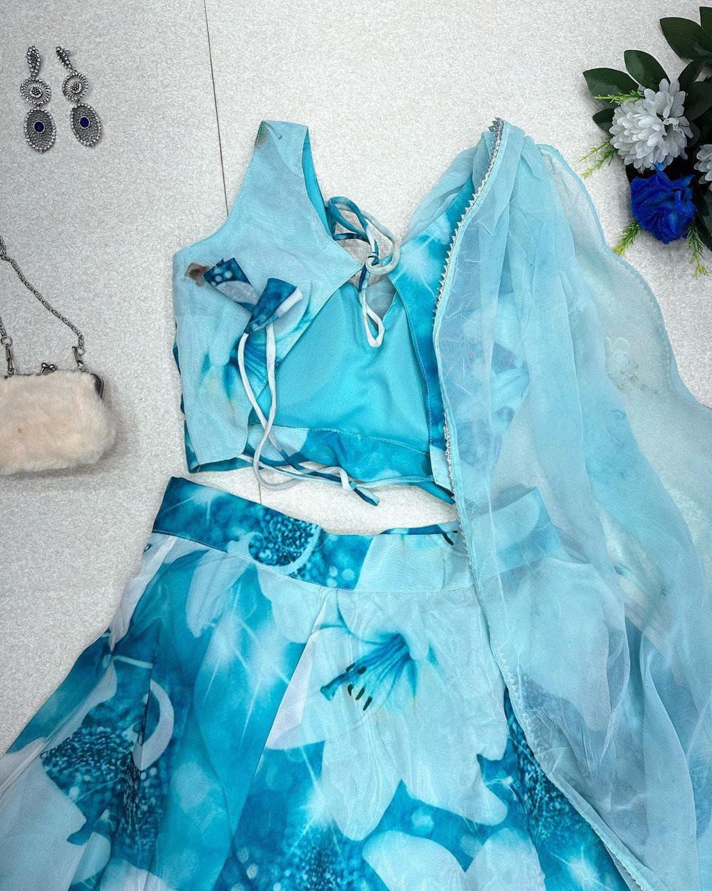Sky Blue Floral Organza Silk Lehenga Choli Set – Elegant & Festive Wear - INDIAN ELEGANCE