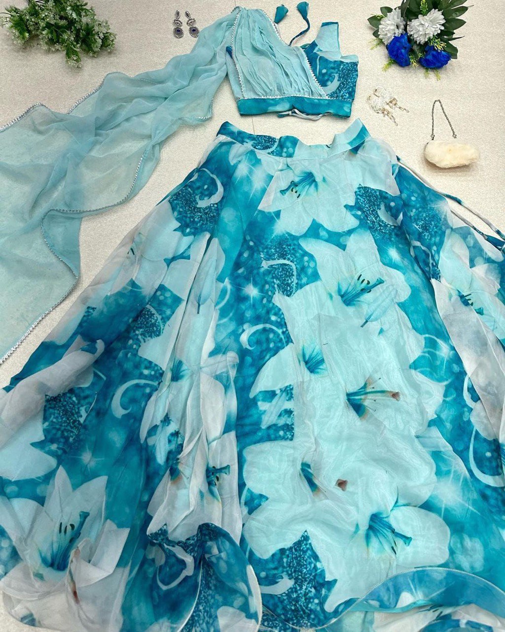 Sky Blue Floral Organza Silk Lehenga Choli Set – Elegant & Festive Wear - INDIAN ELEGANCE
