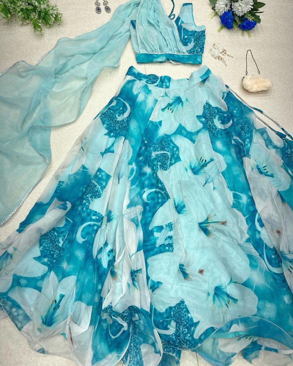 Sky Blue Floral Organza Silk Lehenga Choli Set – Elegant & Festive Wear - INDIAN ELEGANCE