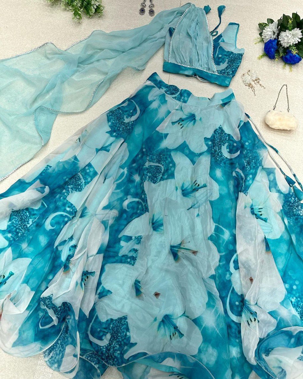 Sky Blue Floral Organza Silk Lehenga Choli Set – Elegant & Festive Wear - INDIAN ELEGANCE