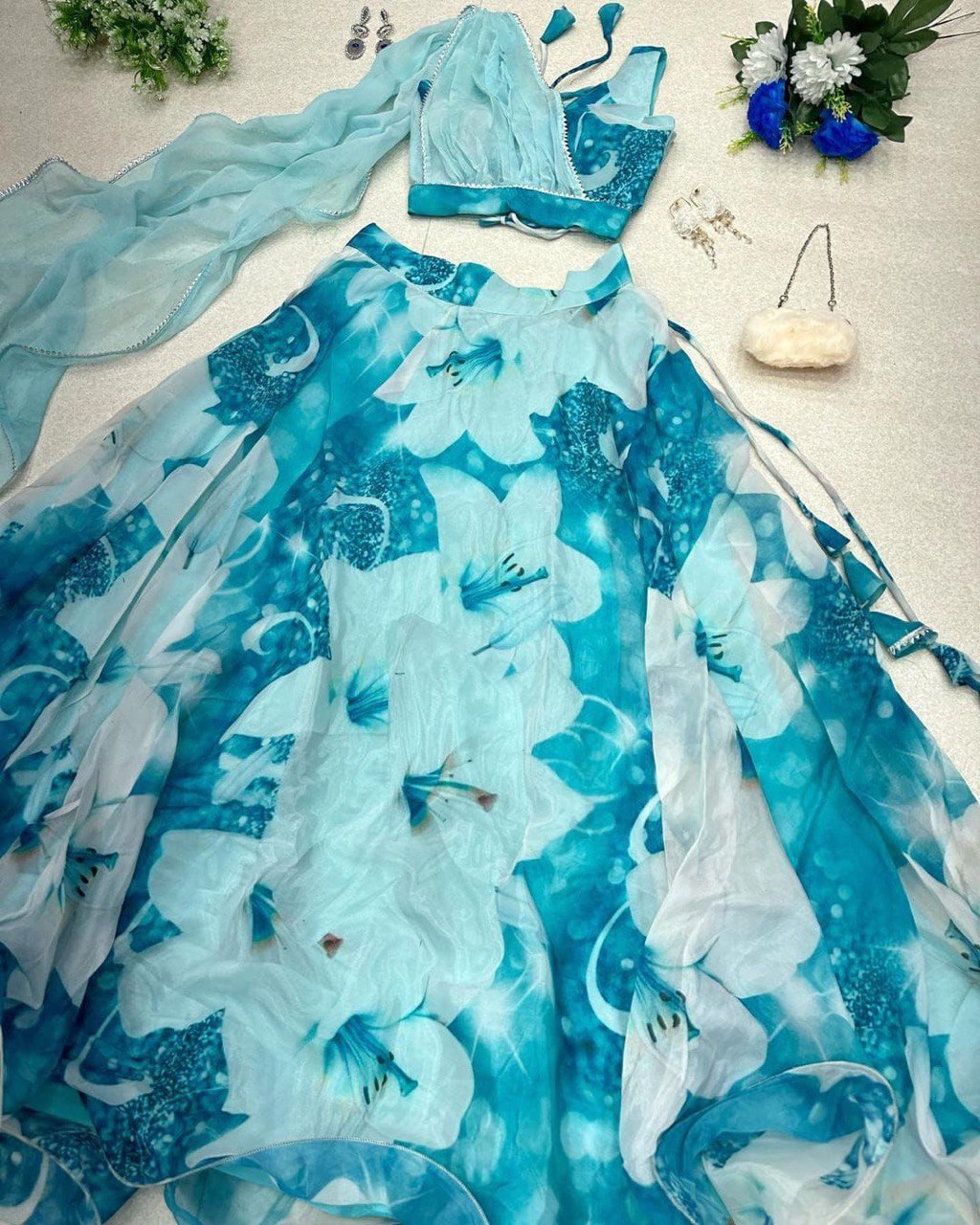 Sky Blue Floral Organza Silk Lehenga Choli Set – Elegant & Festive Wear - INDIAN ELEGANCE