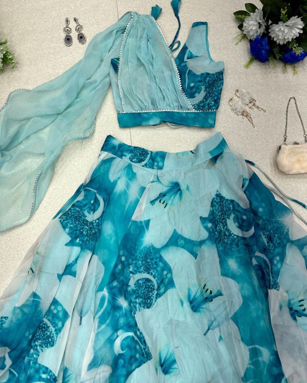 Sky Blue Floral Organza Silk Lehenga Choli Set – Elegant & Festive Wear - INDIAN ELEGANCE