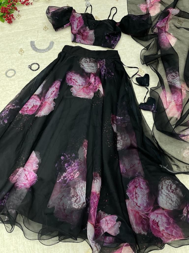 Elegant Black Organza Silk Floral Printed Lehenga Choli Set – Stitched for Festive Occasions - INDIAN ELEGANCE
