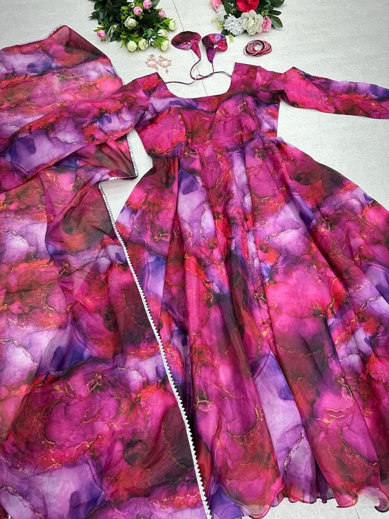 Enamoring Organza Silk Digital Printed Fully Stitched Gown With Dupatta - INDIAN ELEGANCE