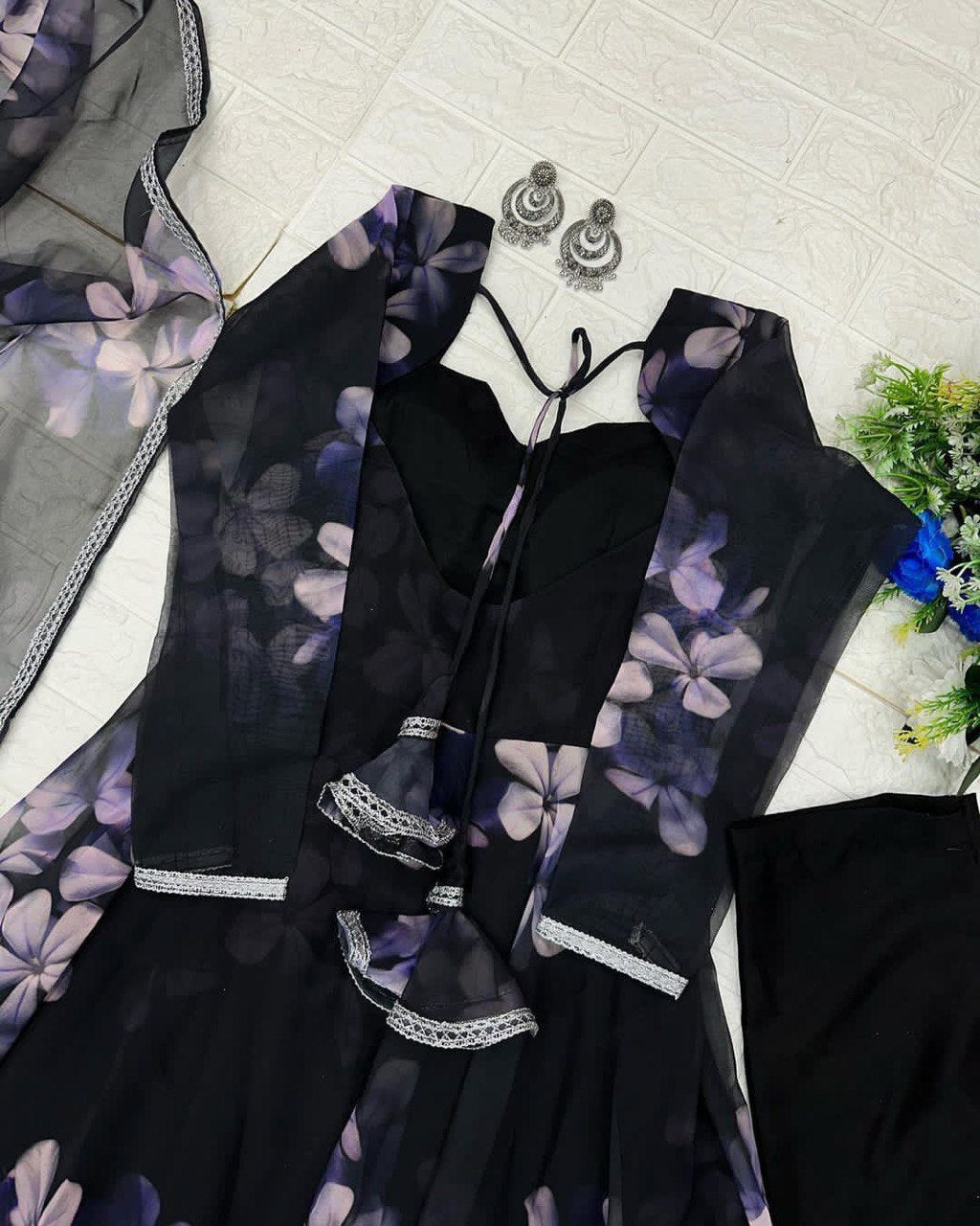 Enchanting Black Georgette Silk Stitched Floral Anarkali Pant Suit - INDIAN ELEGANCE