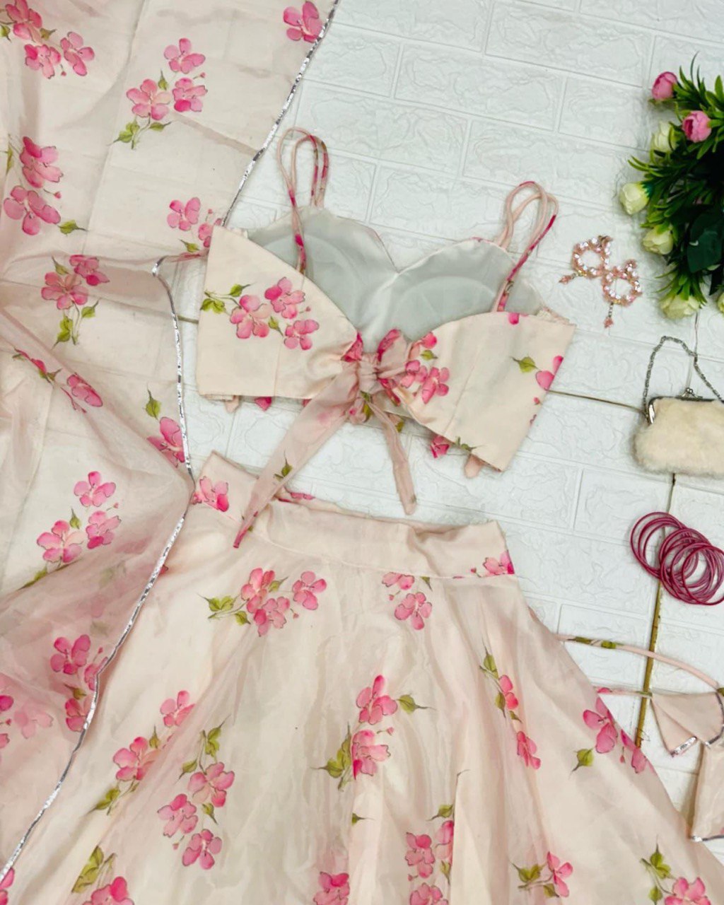 Skin Colored Floral Organza Silk Lehenga Choli Set – Elegant & Festive Wear - INDIAN ELEGANCE