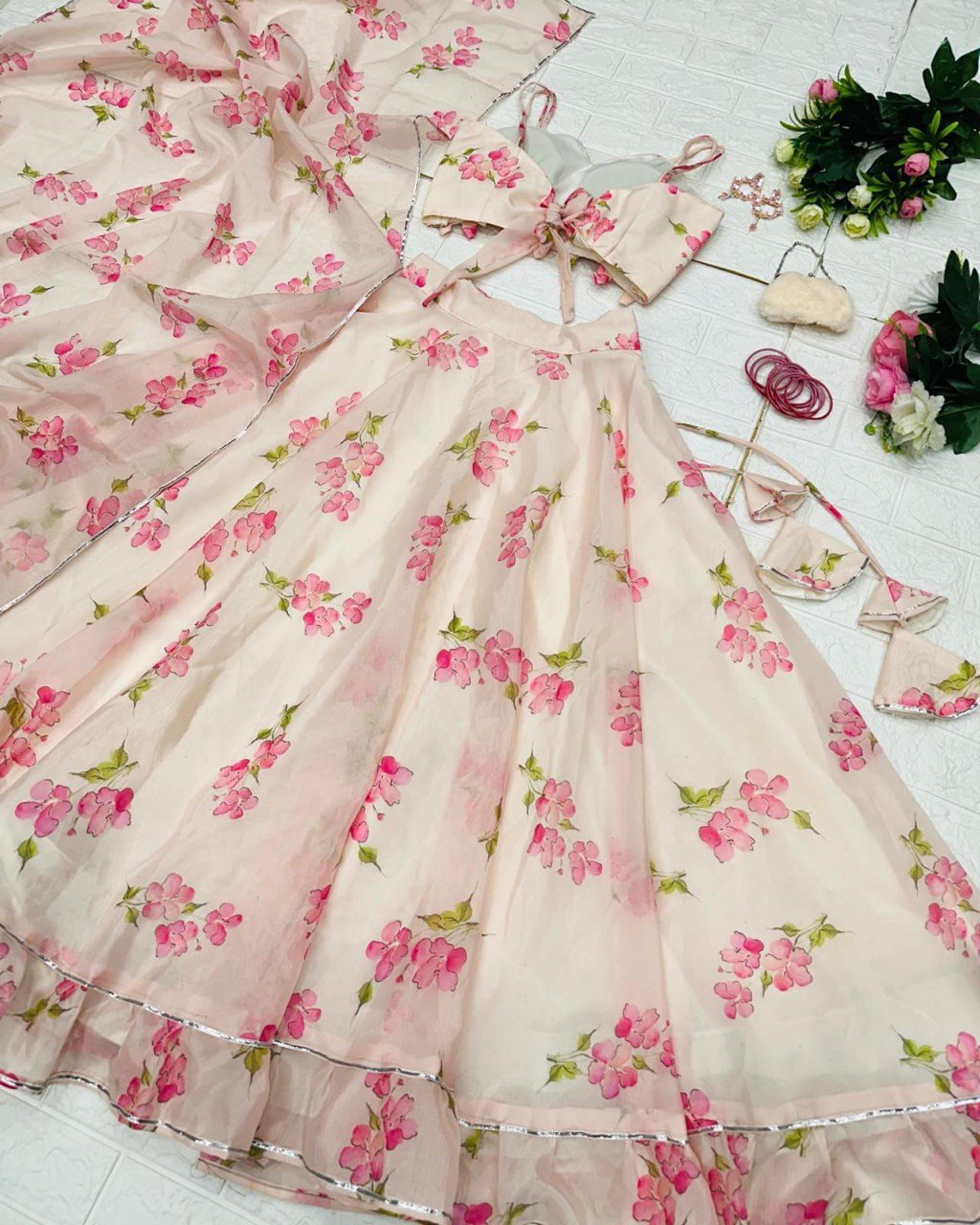 Skin Colored Floral Organza Silk Lehenga Choli Set – Elegant & Festive Wear - INDIAN ELEGANCE