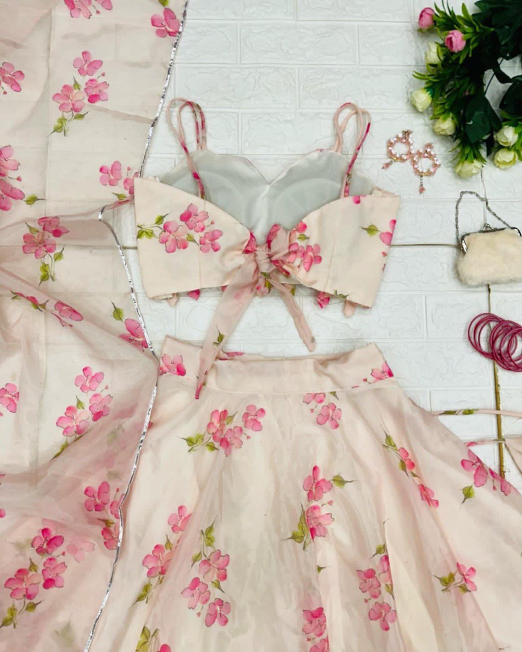 Skin Colored Floral Organza Silk Lehenga Choli Set – Elegant & Festive Wear - INDIAN ELEGANCE