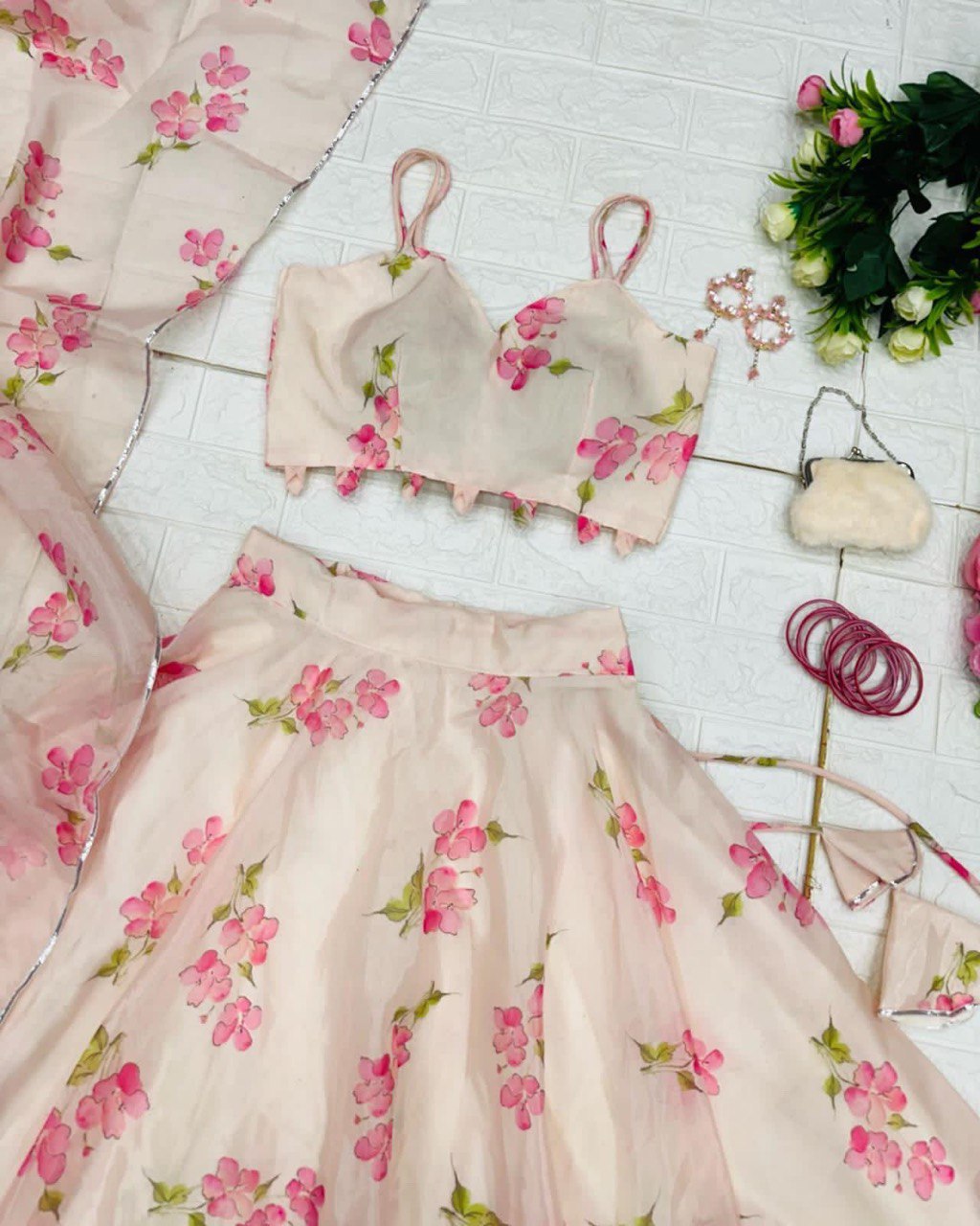 Skin Colored Floral Organza Silk Lehenga Choli Set – Elegant & Festive Wear - INDIAN ELEGANCE