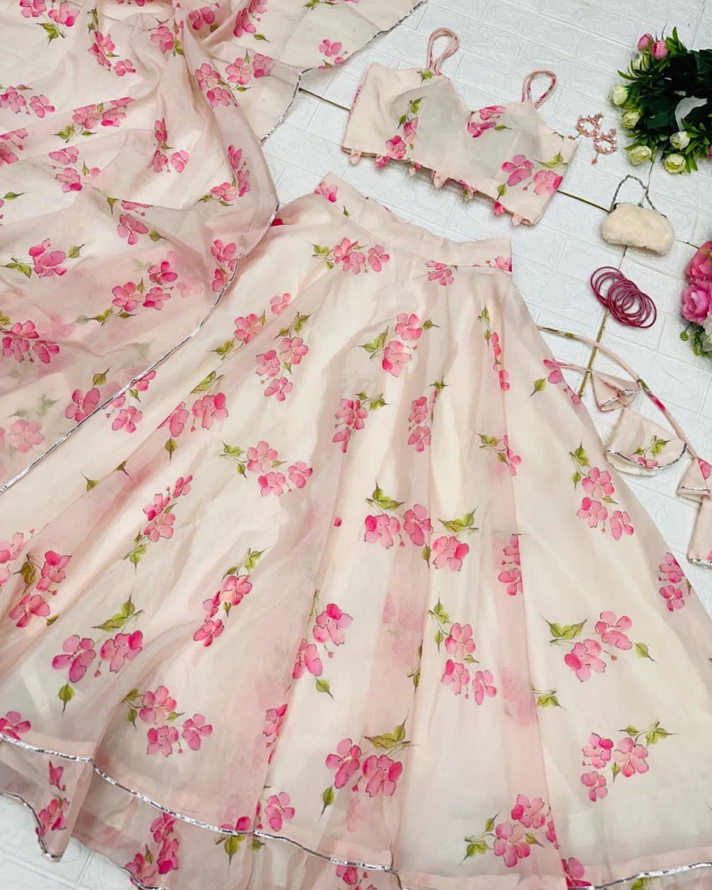 Skin Colored Floral Organza Silk Lehenga Choli Set – Elegant & Festive Wear - INDIAN ELEGANCE