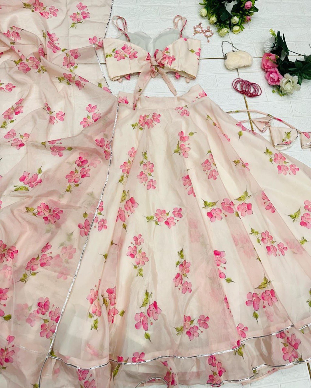 Skin Colored Floral Organza Silk Lehenga Choli Set – Elegant & Festive Wear - INDIAN ELEGANCE