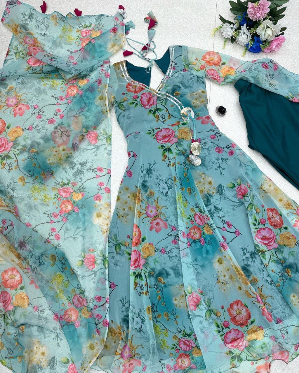 Winsome Rama Georgette Silk Floral Anarkali Pant Suit - INDIAN ELEGANCE