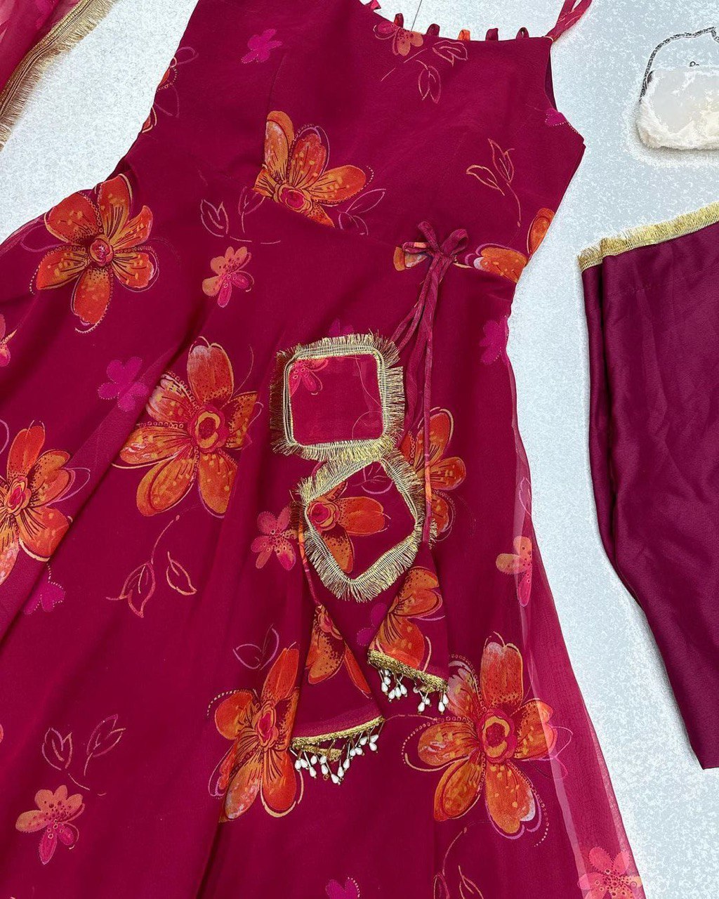 Prepossessing Maroon Georgette Silk Stitched Floral Anarkali Pant Suit - INDIAN ELEGANCE