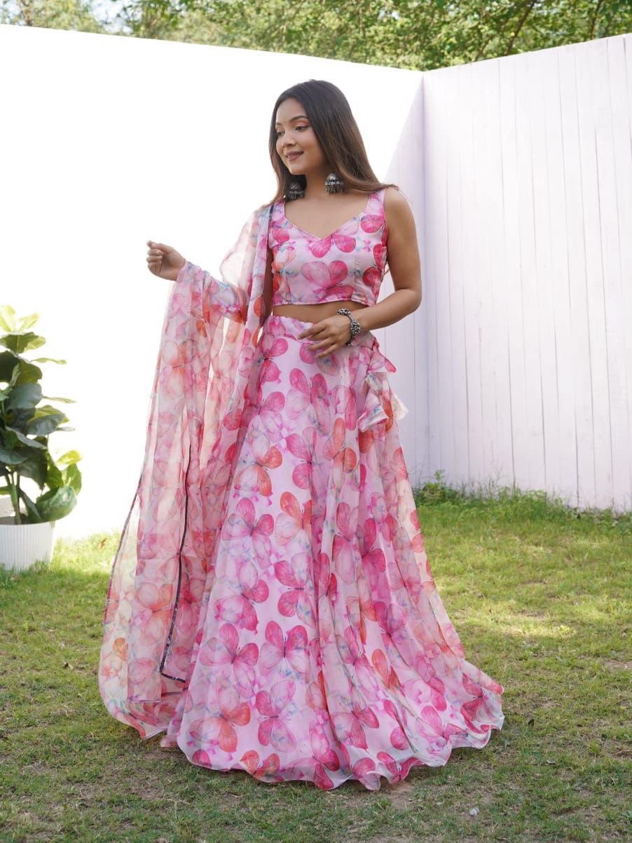 Pink Colored Floral Organza Silk Lehenga Choli Set – Elegant & Festive Wear - INDIAN ELEGANCE