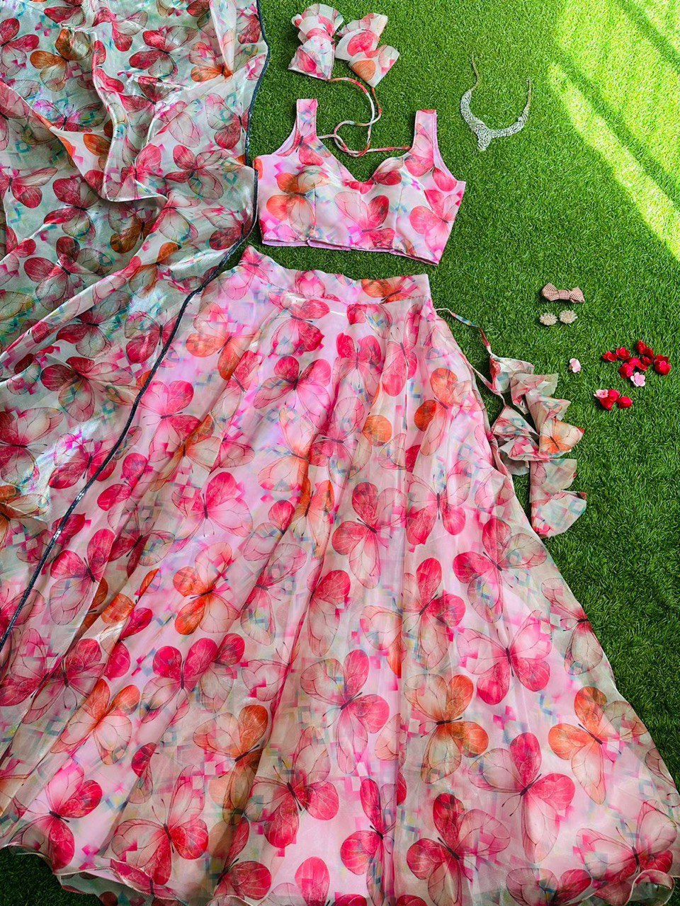 Pink Colored Floral Organza Silk Lehenga Choli Set – Elegant & Festive Wear - INDIAN ELEGANCE