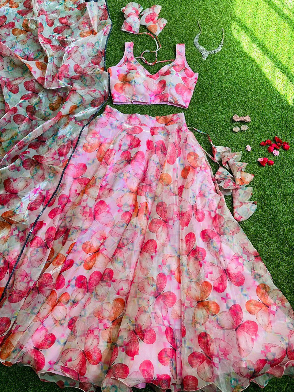 Pink Colored Floral Organza Silk Lehenga Choli Set – Elegant & Festive Wear - INDIAN ELEGANCE