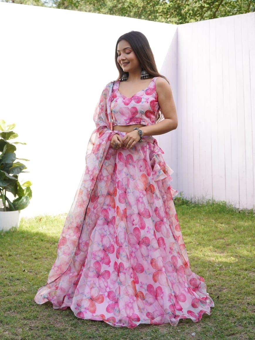 Pink Colored Floral Organza Silk Lehenga Choli Set – Elegant & Festive Wear - INDIAN ELEGANCE