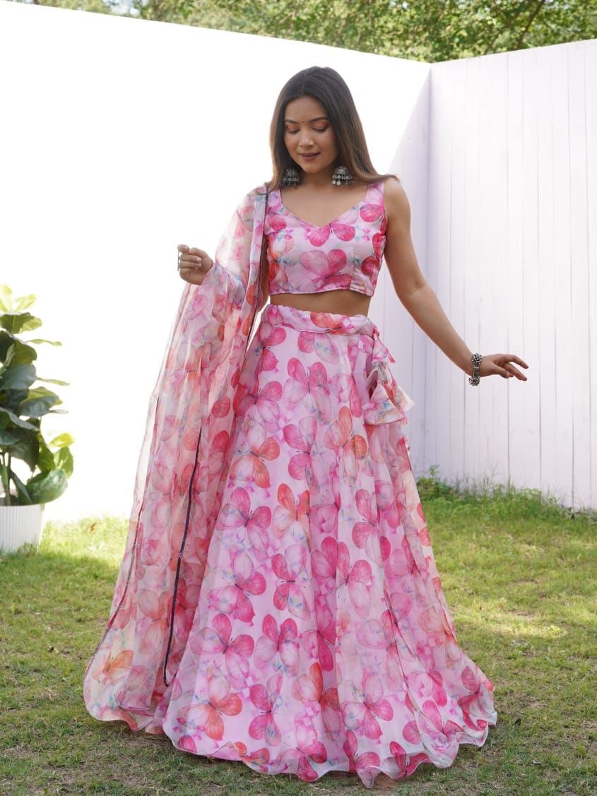 Pink Colored Floral Organza Silk Lehenga Choli Set – Elegant & Festive Wear - INDIAN ELEGANCE