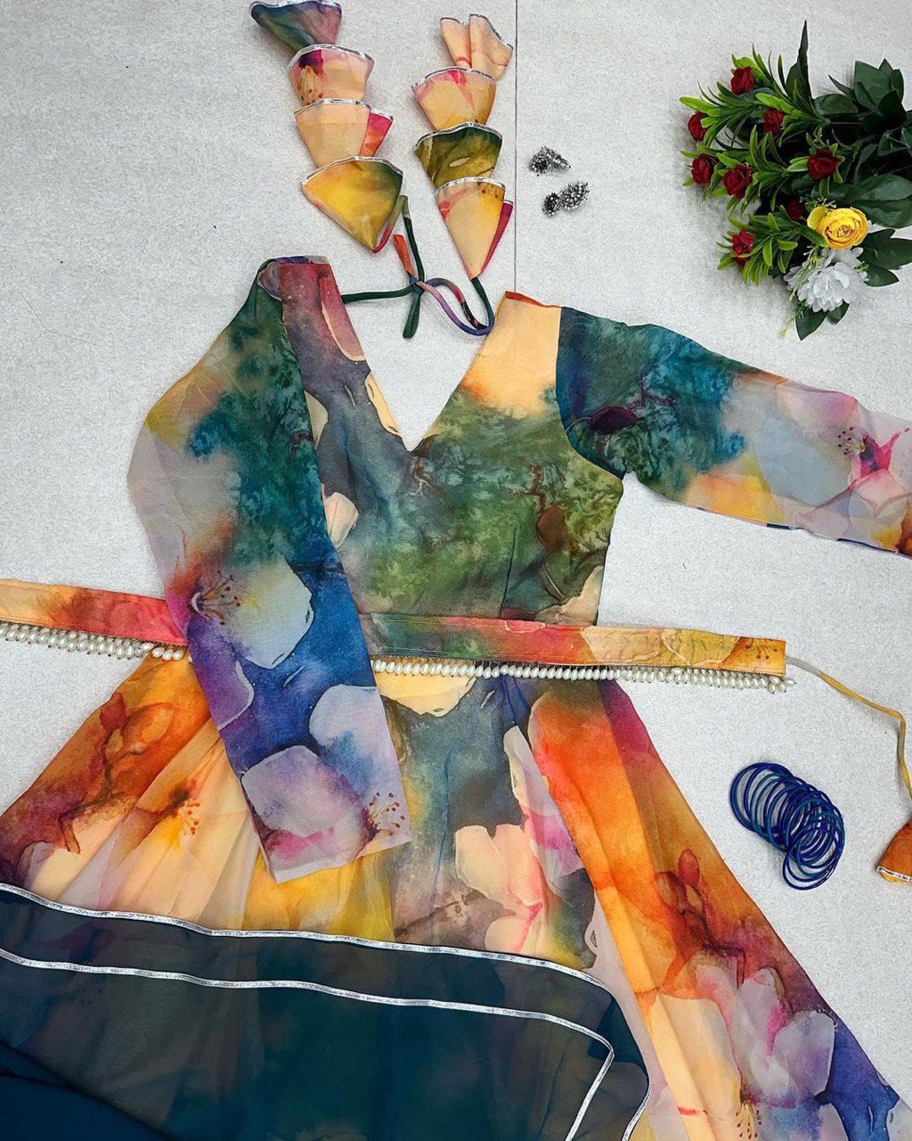 Classy Yellow Organza Silk Digital Printed Fully Stitched Gown With Dupatta - INDIAN ELEGANCE