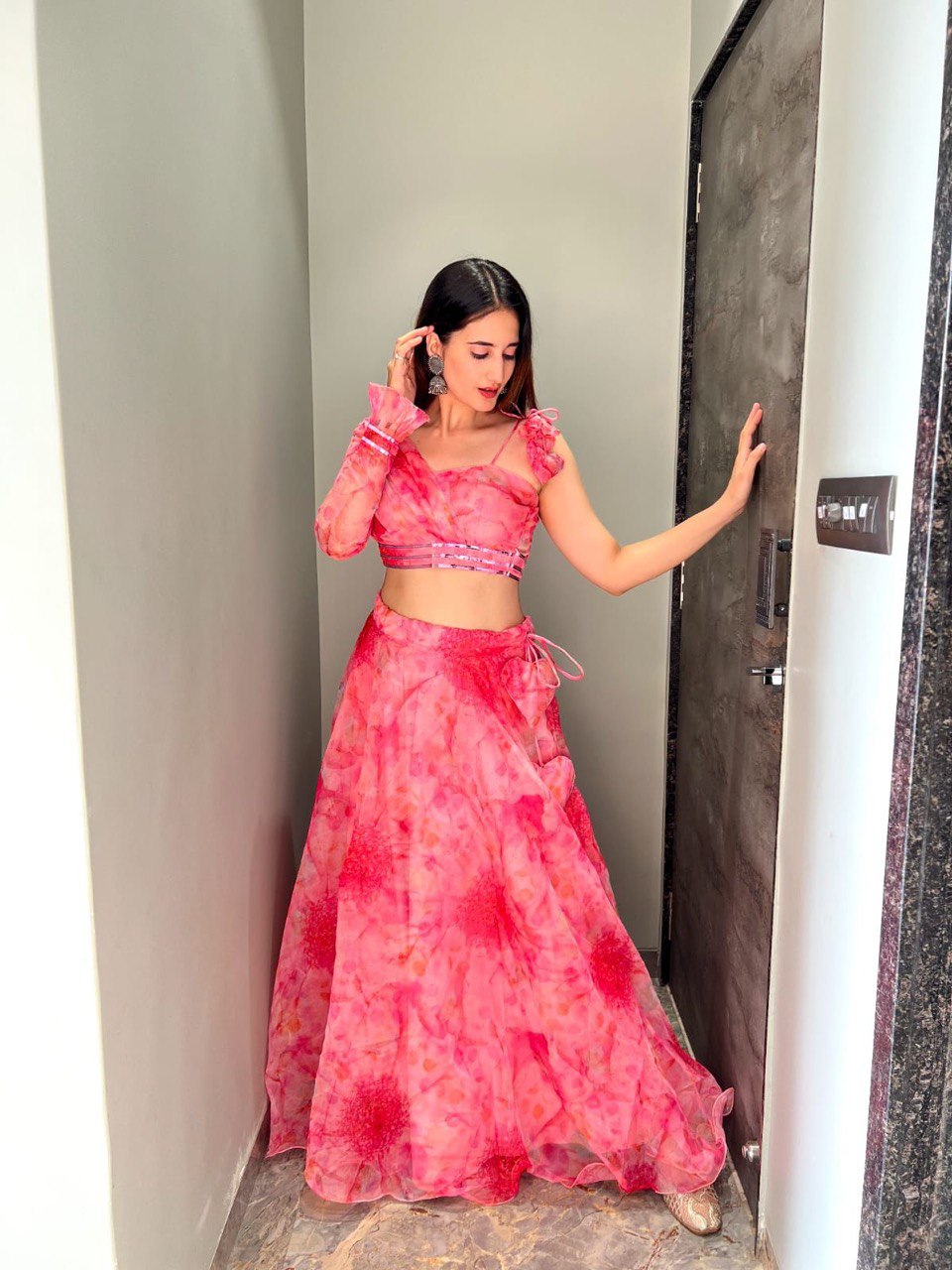 Polished Pink Floral Organza Silk Lehenga With Stitched Blouse - INDIAN ELEGANCE