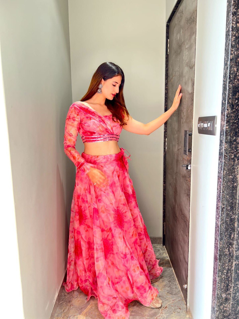 Polished Pink Floral Organza Silk Lehenga With Stitched Blouse - INDIAN ELEGANCE