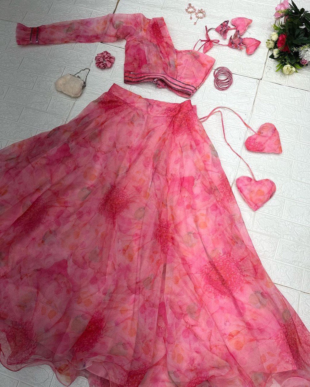 Polished Pink Floral Organza Silk Lehenga With Stitched Blouse - INDIAN ELEGANCE