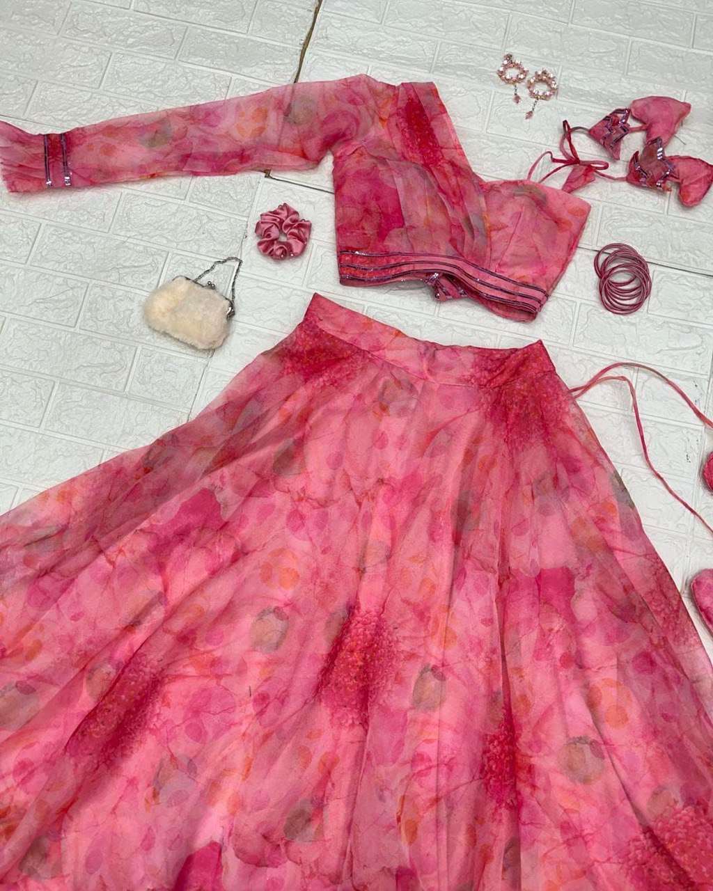 Polished Pink Floral Organza Silk Lehenga With Stitched Blouse - INDIAN ELEGANCE