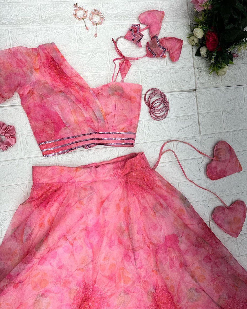 Polished Pink Floral Organza Silk Lehenga With Stitched Blouse - INDIAN ELEGANCE