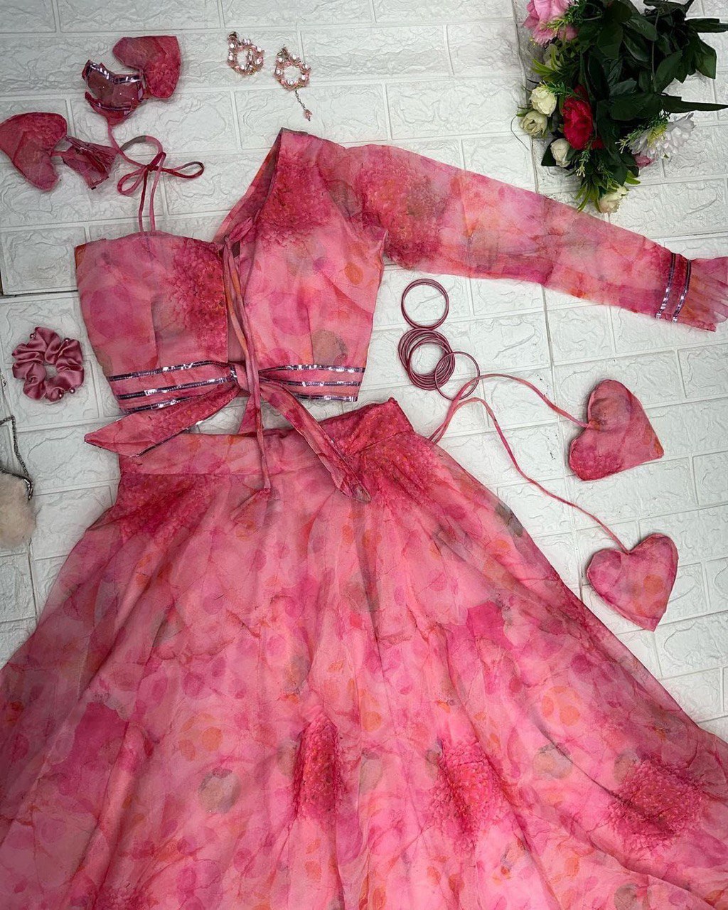 Polished Pink Floral Organza Silk Lehenga With Stitched Blouse - INDIAN ELEGANCE
