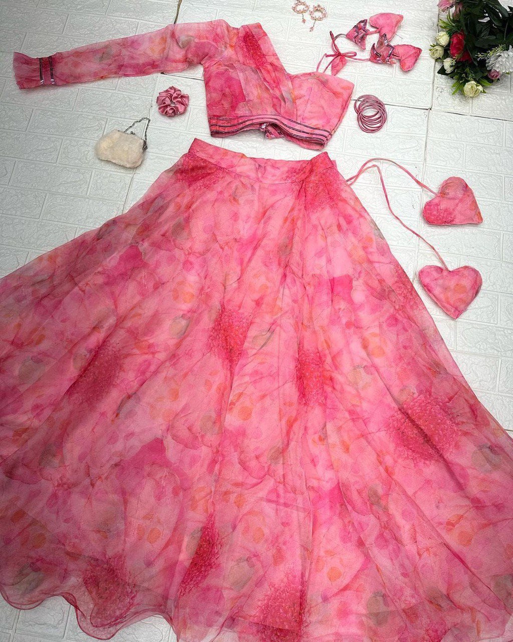 Polished Pink Floral Organza Silk Lehenga With Stitched Blouse - INDIAN ELEGANCE