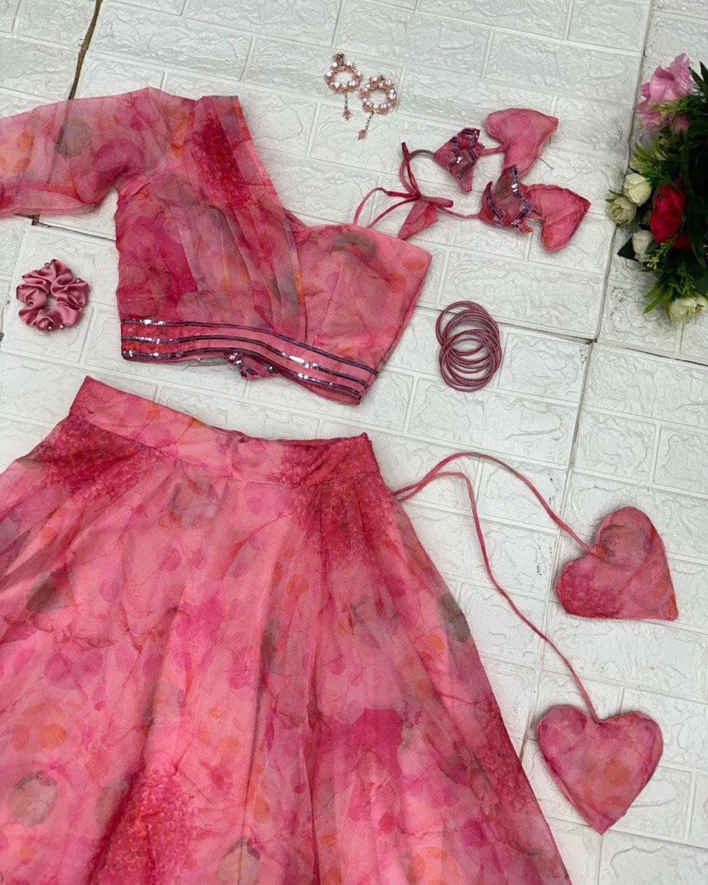 Polished Pink Floral Organza Silk Lehenga With Stitched Blouse - INDIAN ELEGANCE