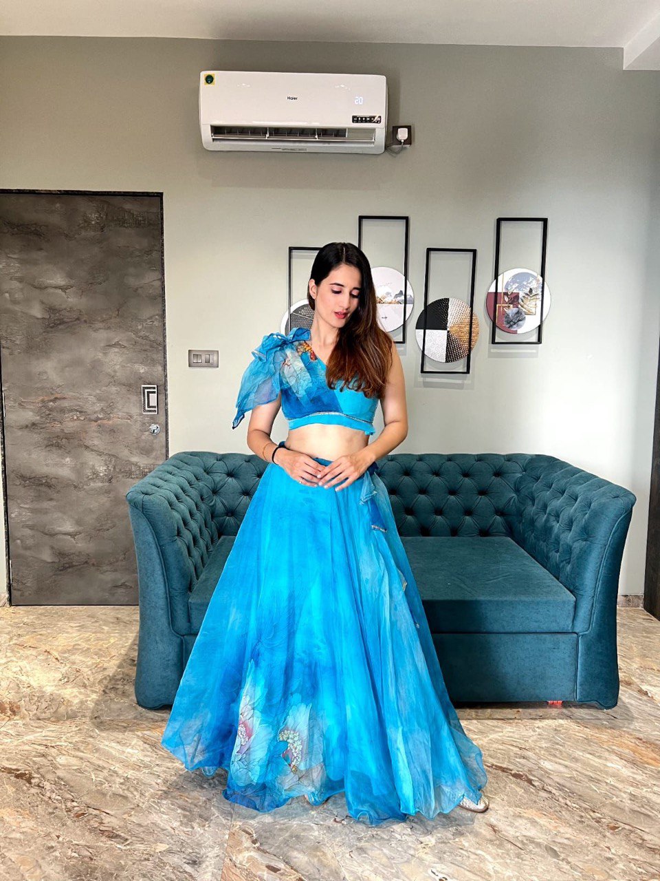 Splendid Sky Blue Floral Organza Silk Lehenga With Stitched Blouse - INDIAN ELEGANCE