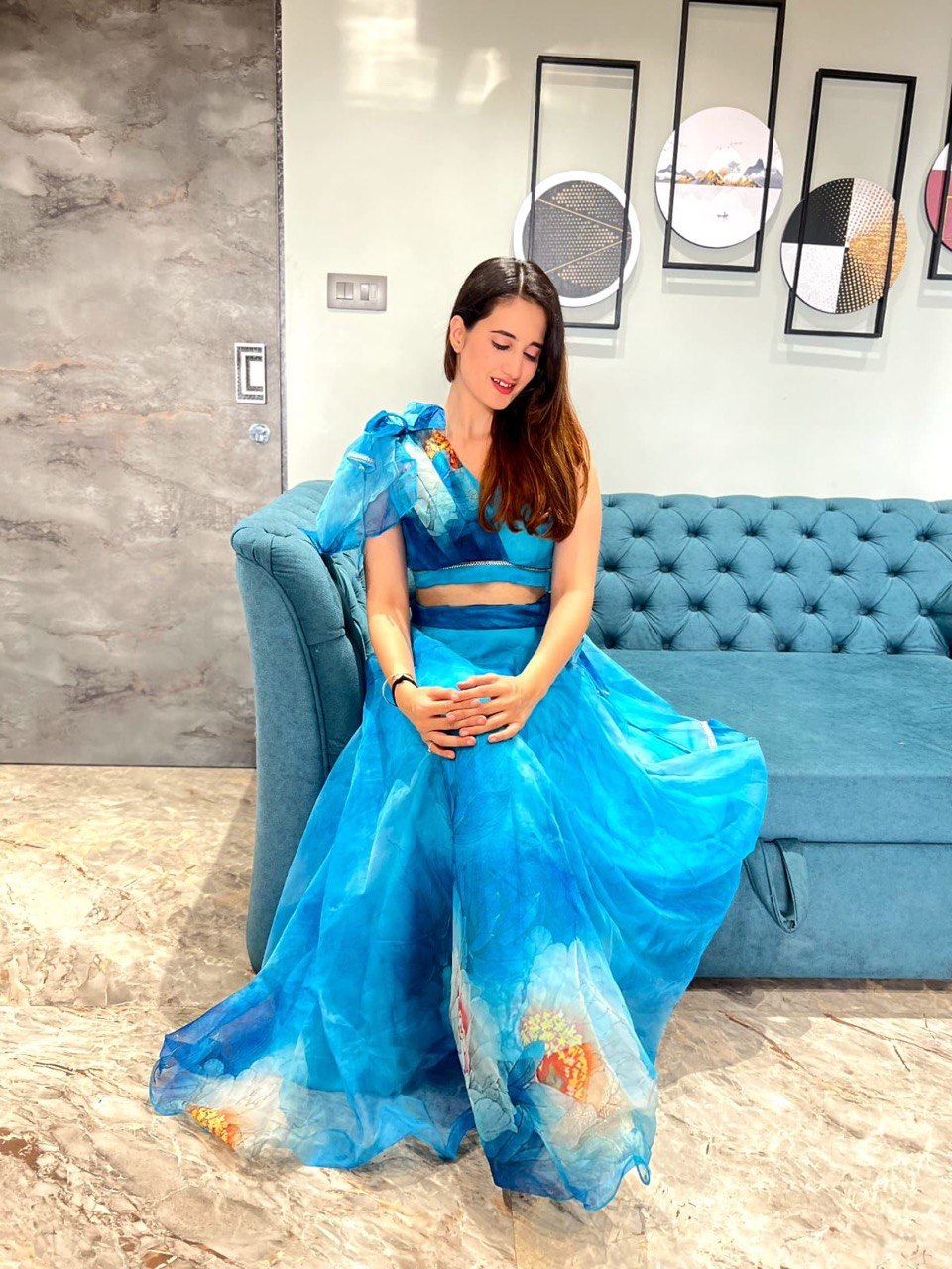 Splendid Sky Blue Floral Organza Silk Lehenga With Stitched Blouse - INDIAN ELEGANCE