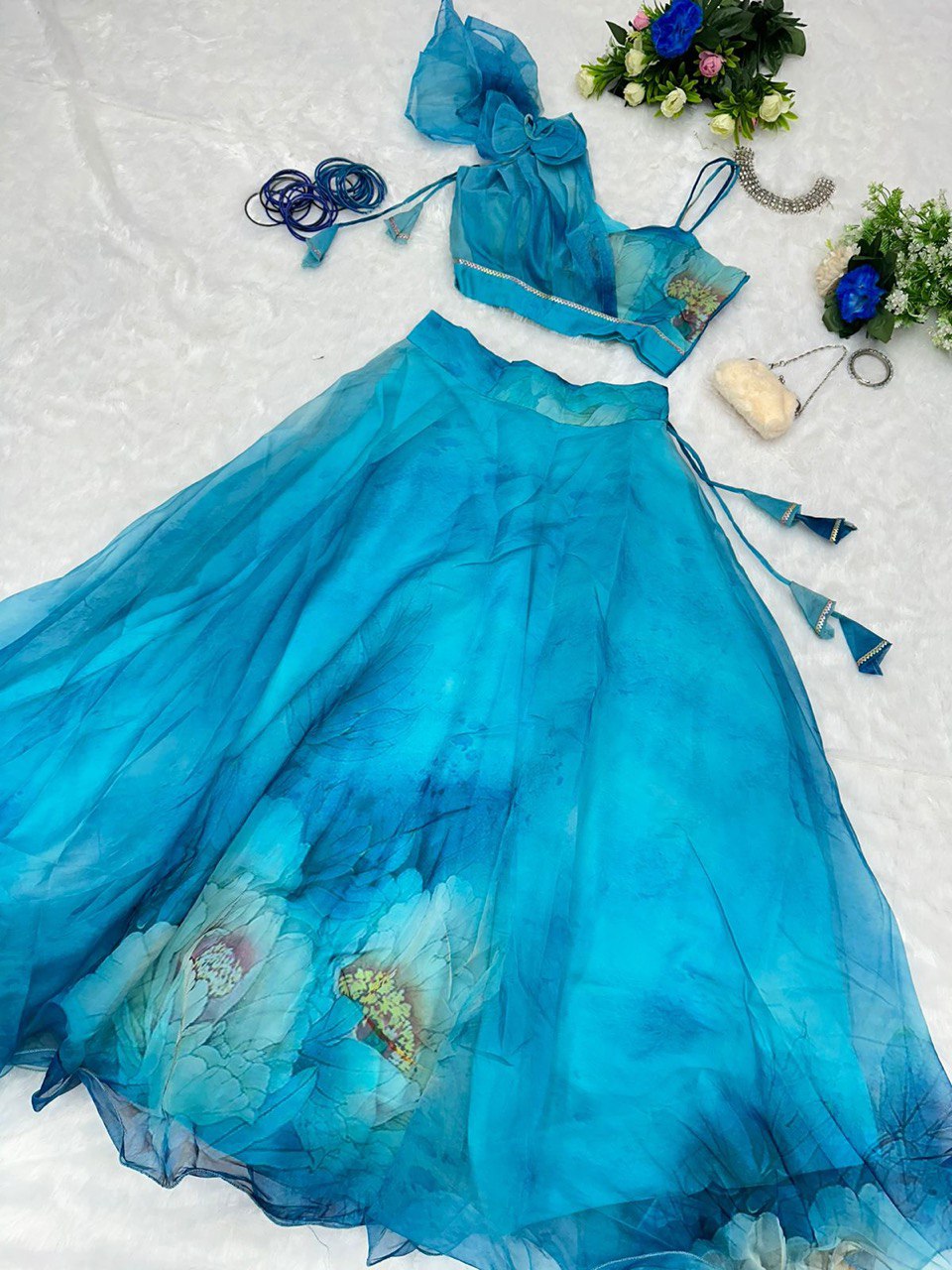 Splendid Sky Blue Floral Organza Silk Lehenga With Stitched Blouse - INDIAN ELEGANCE