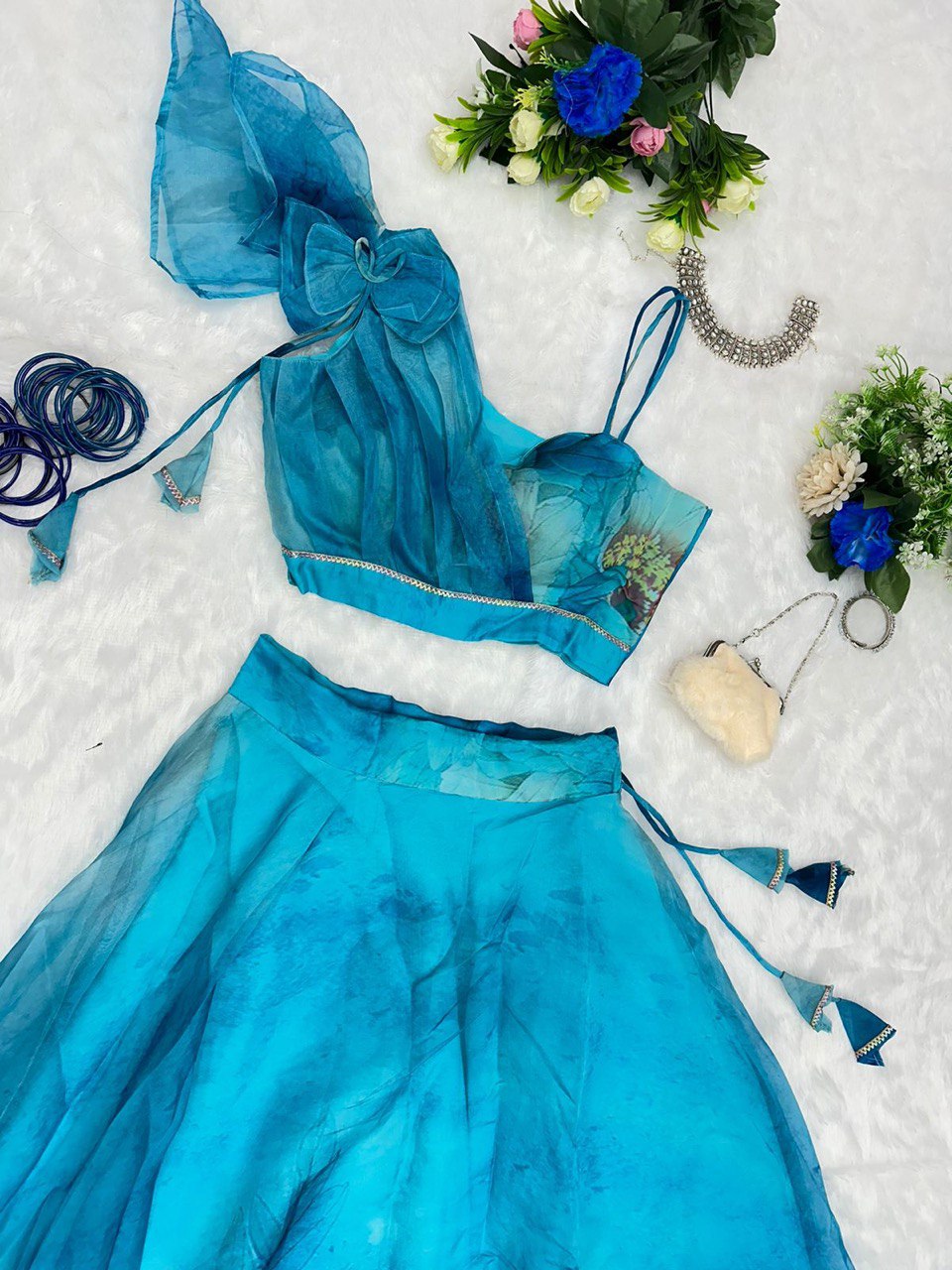 Splendid Sky Blue Floral Organza Silk Lehenga With Stitched Blouse - INDIAN ELEGANCE