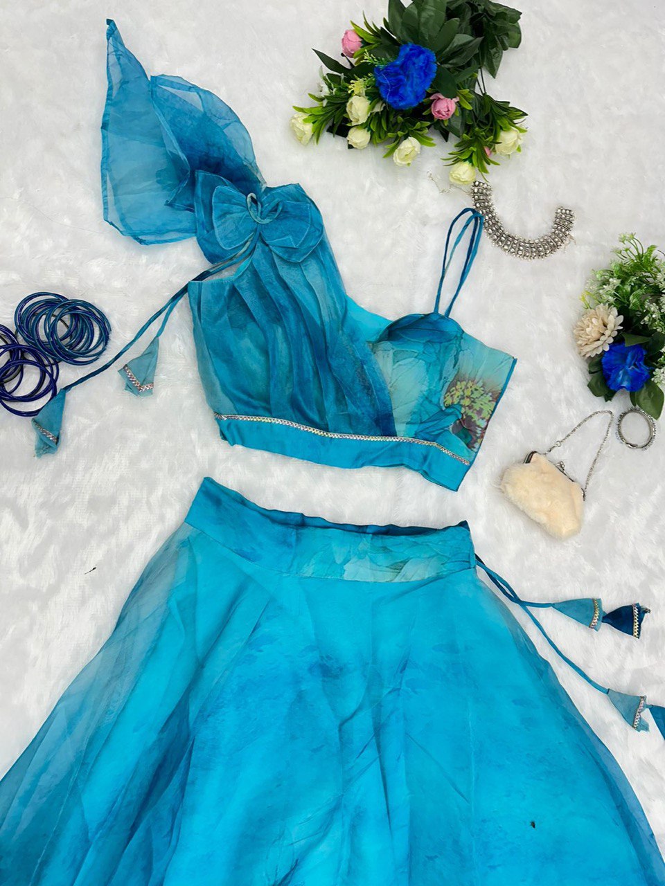 Splendid Sky Blue Floral Organza Silk Lehenga With Stitched Blouse - INDIAN ELEGANCE