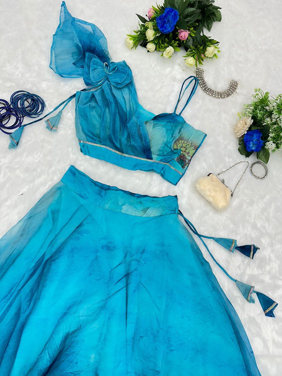 Splendid Sky Blue Floral Organza Silk Lehenga With Stitched Blouse - INDIAN ELEGANCE