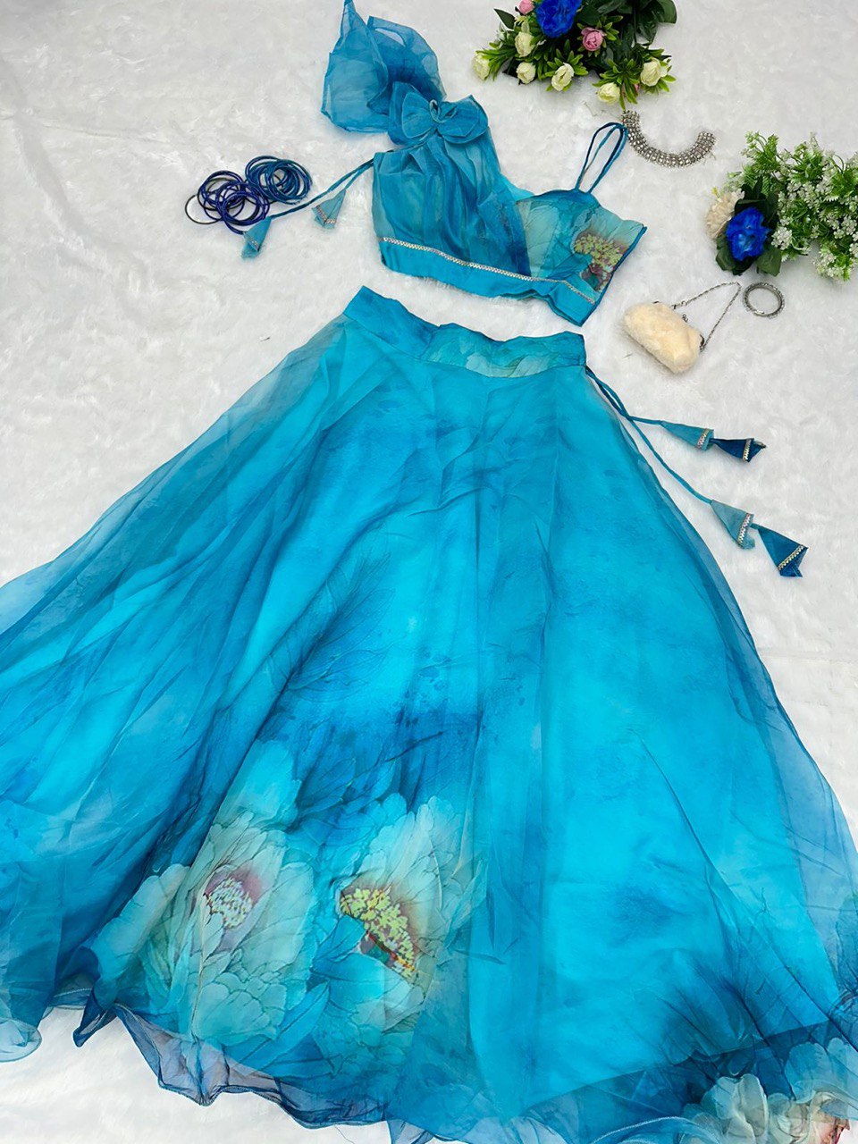 Splendid Sky Blue Floral Organza Silk Lehenga With Stitched Blouse - INDIAN ELEGANCE